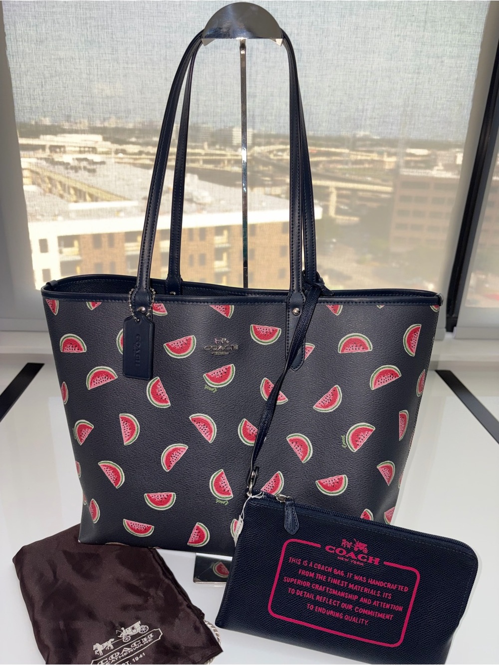 Coach Navy Reversible Tote Bag with Watermelon Print and Matching Storypatch